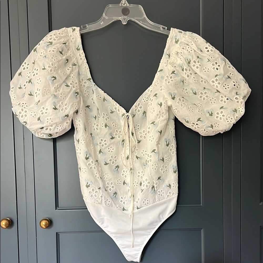 For Love And Lemons White Floral Puff Sleeve Bodysuit